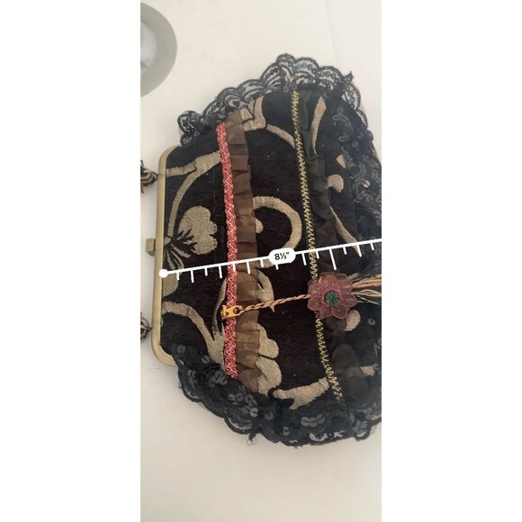 Vintage Three Flower Lace Tapestry Ribbon Metal Frame Brass Handbag Purse - Picture 9 of 9